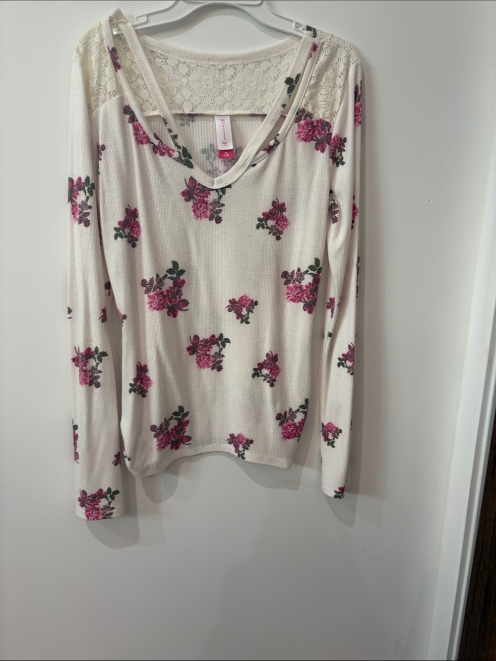 No Boundaries Cream Long Sleeve V-Neck Top with Pink Floral Print